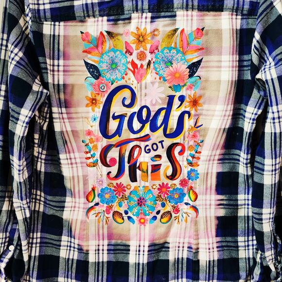 God's Got This Custom Upcycled Christian Plaid Flannel, M - Picture 2 of 3